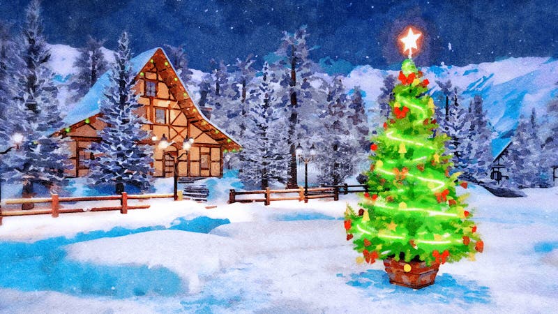 Decorated Xmas tree at winter night in watercolor. Outdoor Christmas tree decorated by luminous star and lights garland against cozy alpine house and snow royalty free stock photography Decorated Xmas tree at winter night in watercolor. Outdoor Christmas tree decorated by luminous star and lights garland against cozy alpine house and snow royalty free stock photography