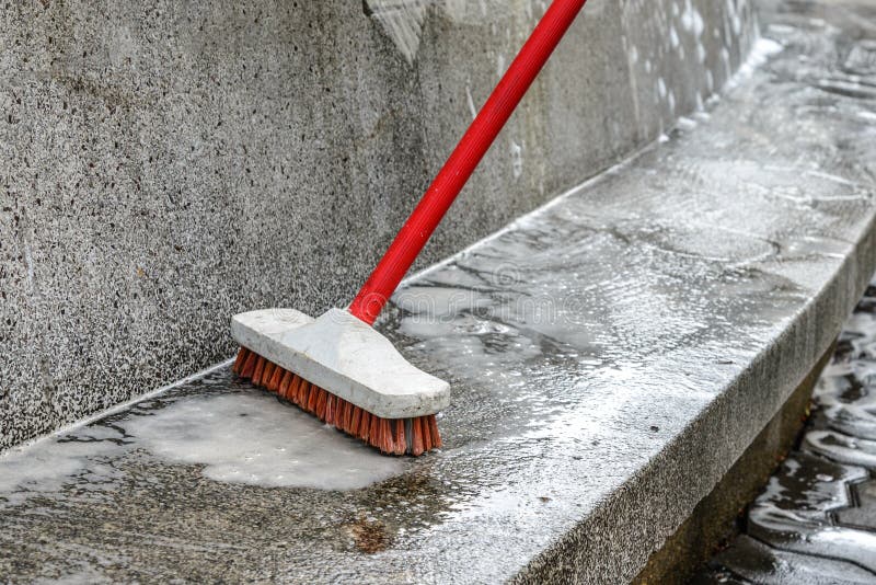 Outdoor Cleaning with Red Brush Stock Photo Image of dirty, home