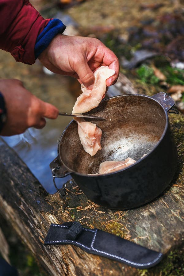 Outdoor Cooking.Food in a Cauldron on a Fire Stock Photo Image of