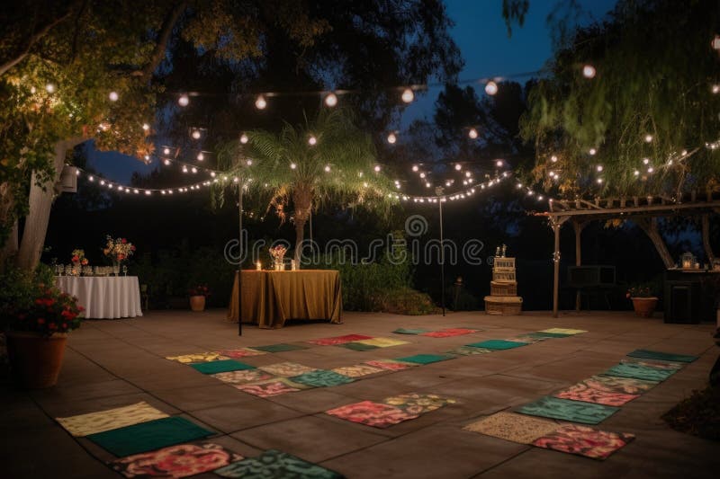 Outdoor Dance Floor Surrounded by Twinkling Lights and Lanterns Stock
