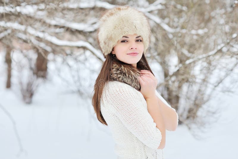 Outdoor Fashion Portrait of Pretty Young Girl in Winter Stock Image