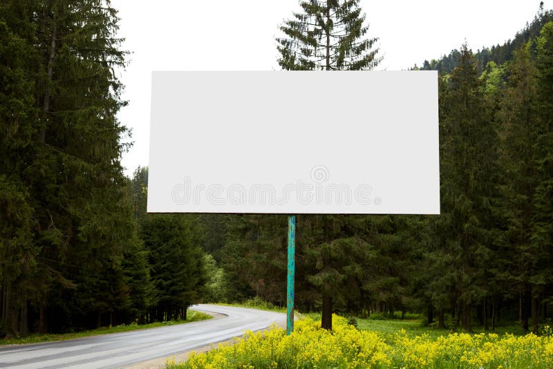 Outdoor image of blank huge billboard standing near road on way to mountains, having many evergreen trees around, sides of green divided by paved road, amazing landscape. Copyspace for advertisement