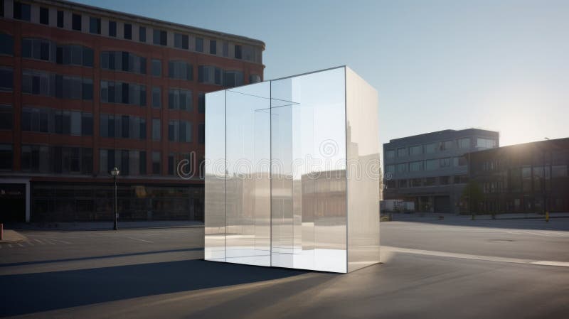 Urban Mirage: Reflective Glass Cube stock photo