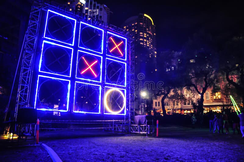 Outdoor lighting festival with immersive light ` Tic-Tac-Toe game ` installations and projections ` in Vivid Sydney`