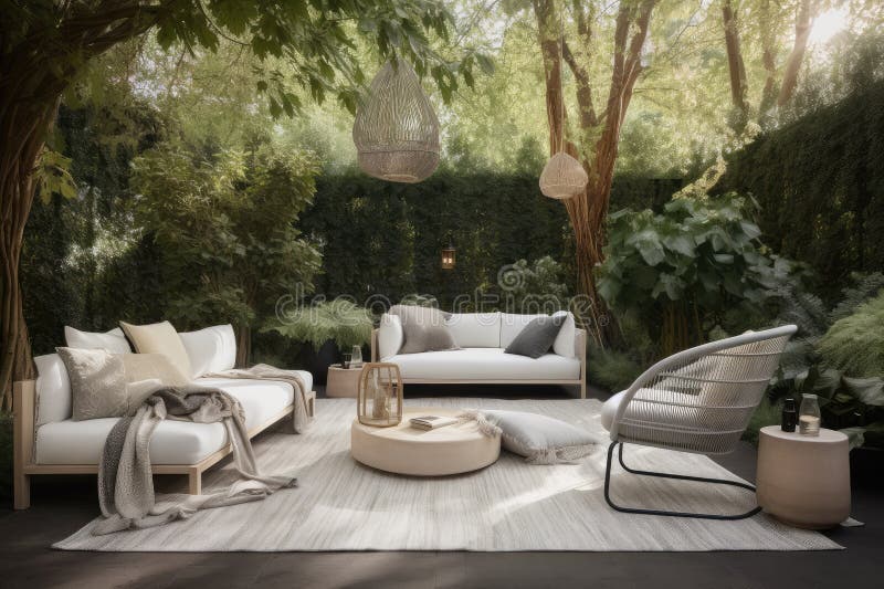 An Outdoor Lounge Area with Plush Seating and Cozy Throws, Surrounded