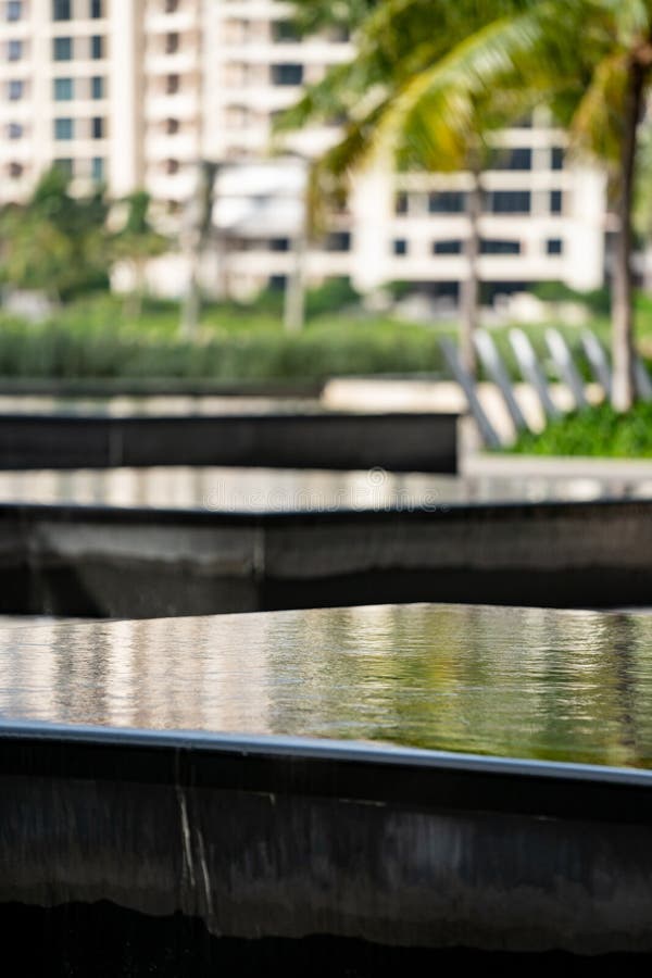 Outdoor Park Scene Miami Beach Water Fountains and Palm Trees Stock