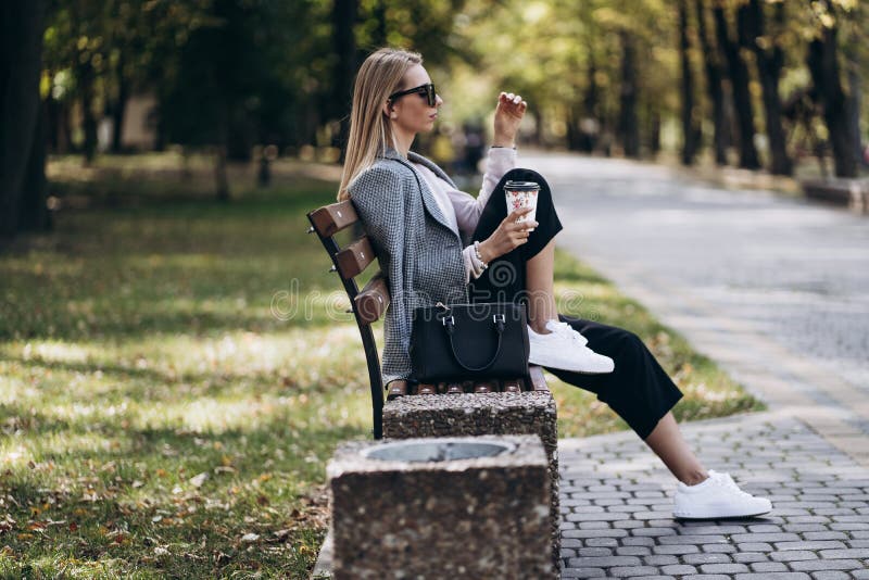 Fashionable Beautiful Blonde Woman Posing Outdoor In Casual