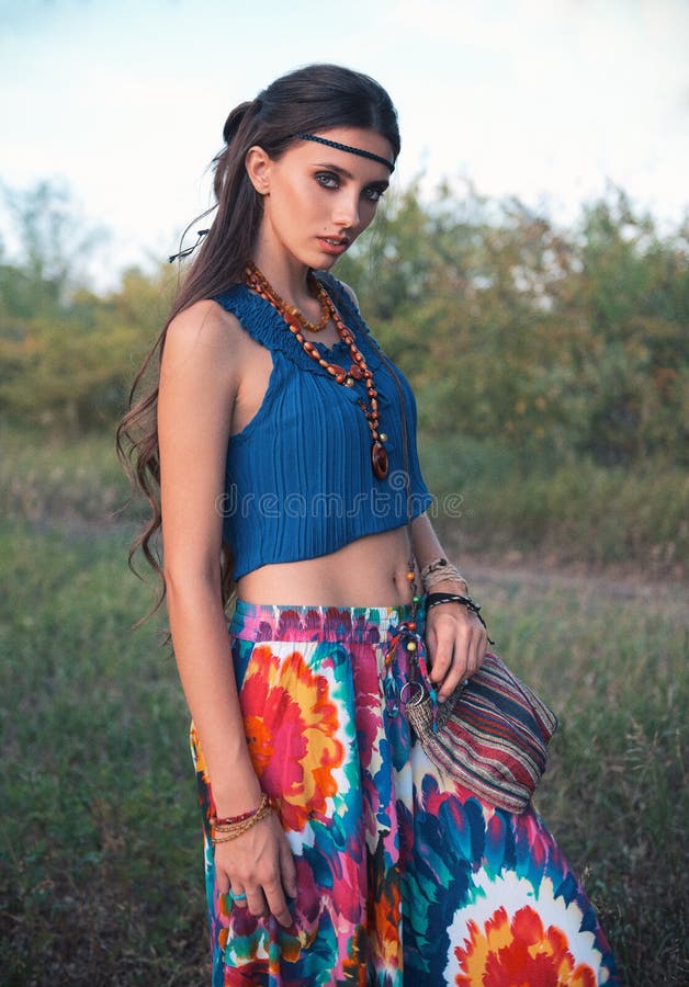 Outdoor Portrait of Beautiful Young Boho Hippie Girl in Field. Film ...