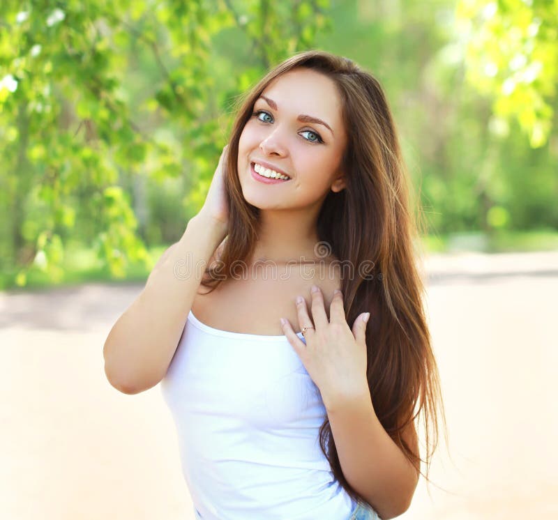 Outdoor Portrait of Pretty Young Girl in Sunny Summer Stock Photo ...