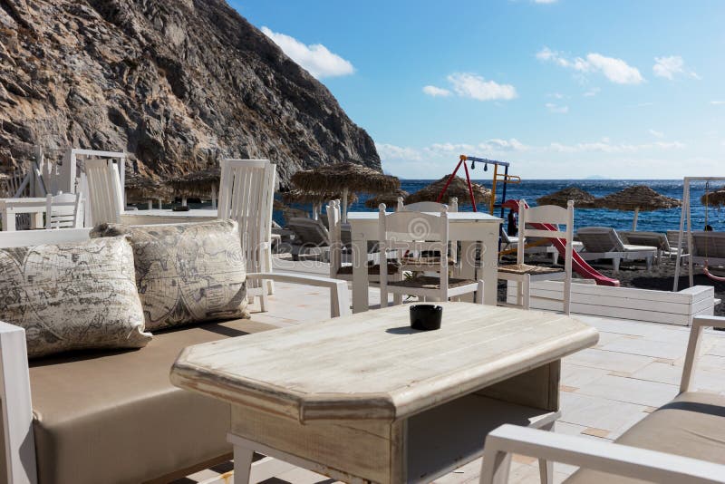 Outdoor Restaurant by the Beach in Perissa Santorini Stock Photo ...