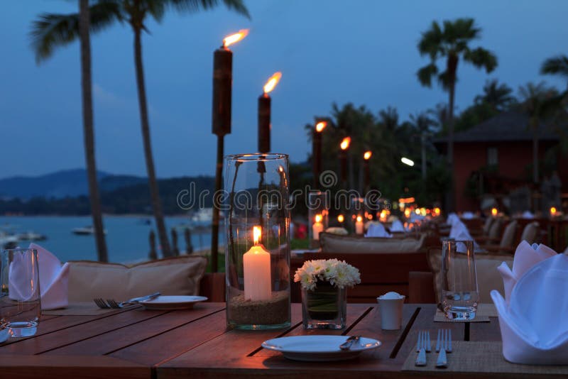 Outdoor restaurant tables, dinner setting stock image