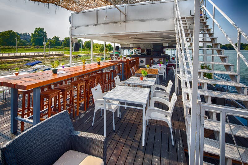 Outdoor River Restaurant on Boat . Beautiful Patio Stock Photo Image