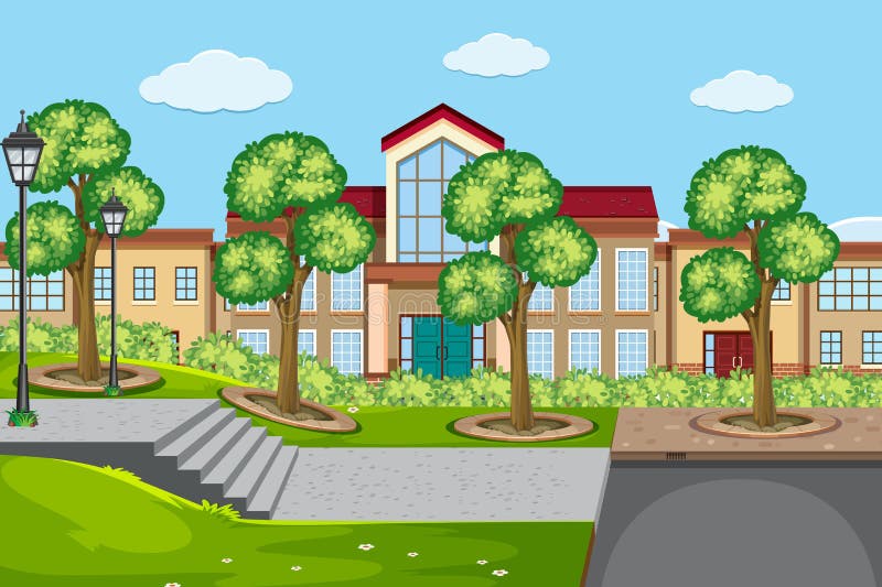 An outdoor scene with school building