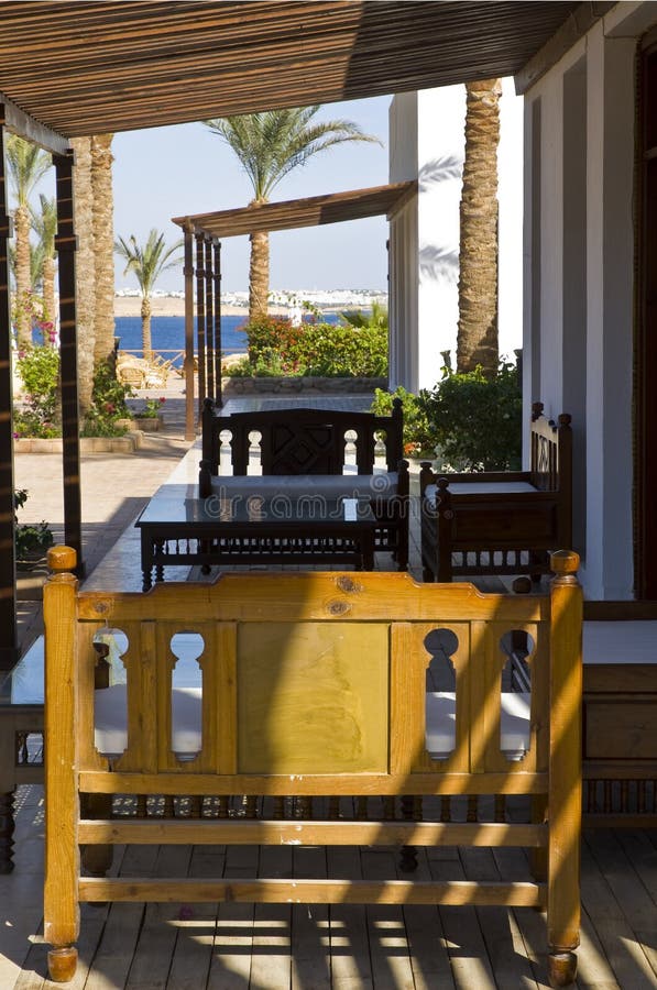 Outdoor seating in summer stock image. Image of architecture - 7909495