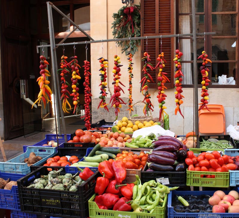 Outdoor Stand with Fresh Fruit and Vegetables in Mallorca Stock Photo