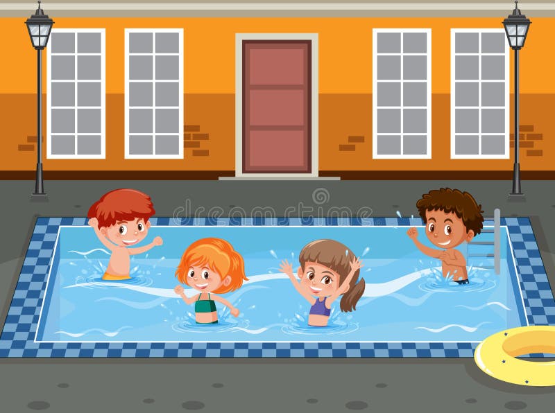 Outdoor Swimming Pool Scene with Children Stock Vector - Illustration ...