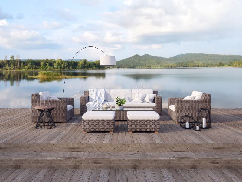 Outdoor Terrace Living Area With Beautiful Lake And Mountain View 3d