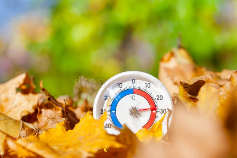 Outdoor thermometer in golden maple leaves shows warm temperature - hot indian summer concept. Outdoor thermometer with celsius scale in golden maple leaves royalty free stock photo Outdoor thermometer in golden maple leaves shows warm temperature - hot indian summer concept. Outdoor thermometer with celsius scale in golden maple leaves royalty free stock photo