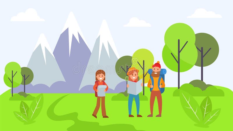 Outdoor travel mountain traveler, activity character rest natural park flat vector illustration. National forest