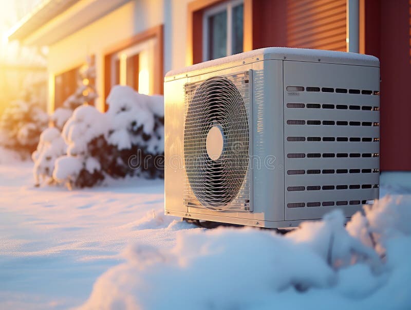 The outdoor unit of the air conditioner in the snow during winter. Generative AI