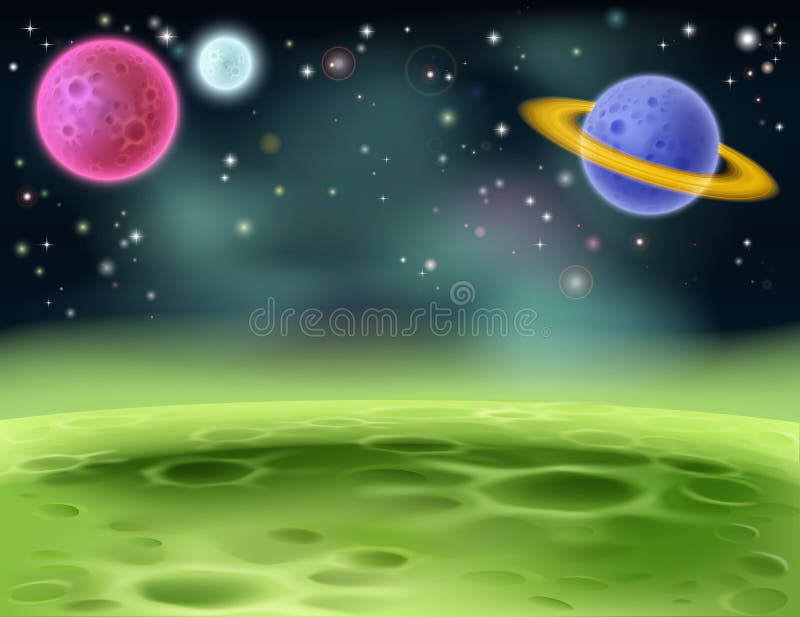 Un'illustrazione di uno spazio esterno cartone animato sfondo colorato con i pianeti.