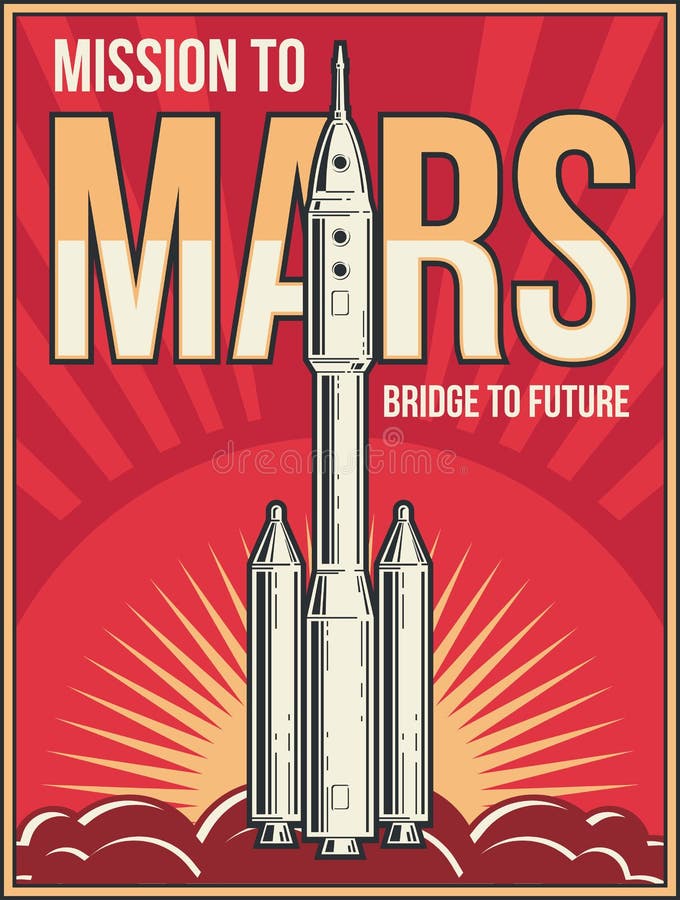 Outer space journey to Mars background. Universe adventure project vector vintage poster stock illustration Outer space journey to Mars background. Universe adventure project vector vintage poster stock illustration