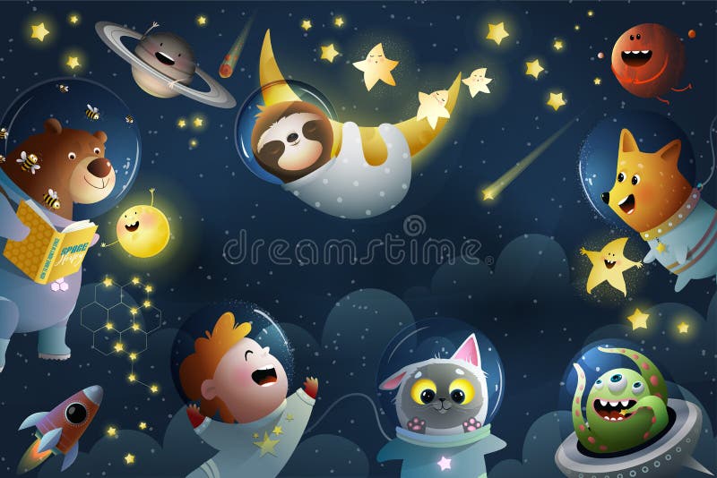 Outer Space Kids and Animals Fantasy Wallpaper Stock Vector - Illustration  of adventure, space: 240892657