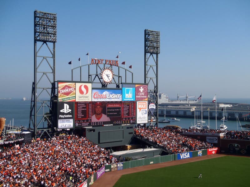 SAN FRANCISCO, CA - OCTOBER 19: San Francisco Giants vs. Philadelphia Phillies: Outfield, packed bleachers, Scoreboard featuring line-up and Shane Victorino, and boats in McCovey Cove during game three of the NLCS 2010 taken October 19, 2010 AT&T Park San Francisco California.