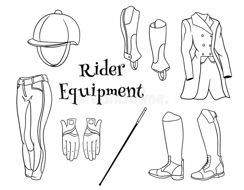 Outfit Rider Un Conjunto De Ropa Para Un Jockey Botas Pantalones Pedjak  Casco De Látigo En Línea Estilo Libros Para Colorear. Ilustración del  Vector - Ilustración de conjunto, caballo: 220153585