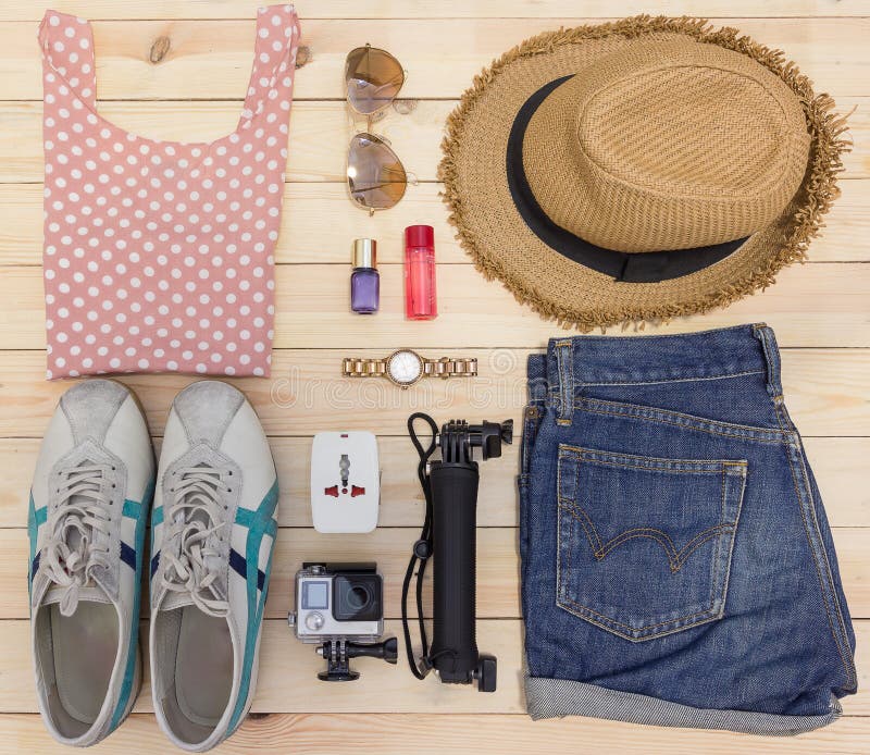 Overhead of a Essentials Objects in a Fashion Blogger Stock Image ...