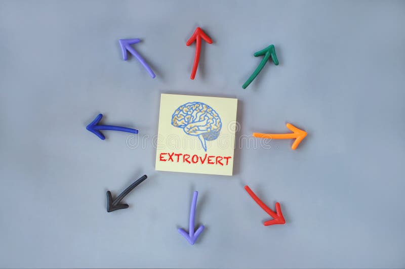 Extrovert and brain written on yellow sticky note and colorful arrow on grey background