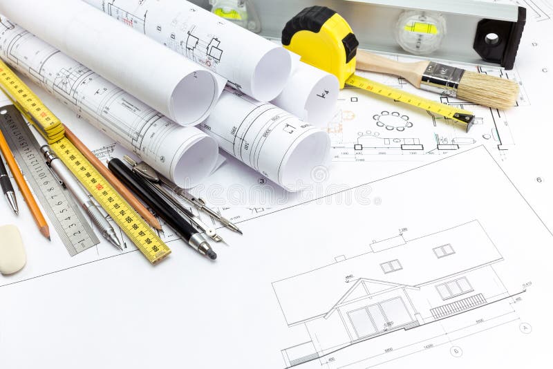Outils architecturaux de plans et de travail de maison photos libres de droits Outils architecturaux de plans et de travail de maison photos libres de droits