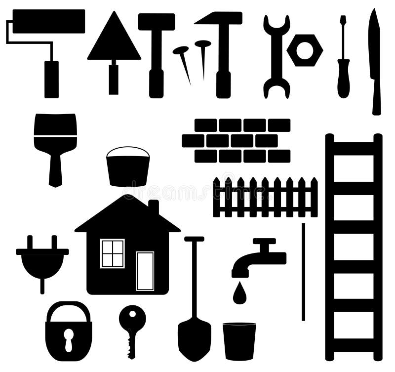 Outils d'isolement noirs réglés pour la réparation de maison illustration stock Outils d'isolement noirs réglés pour la réparation de maison illustration stock
