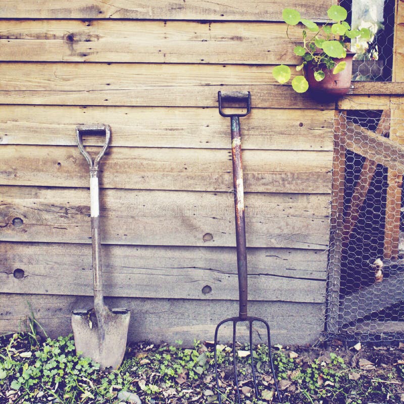 Gardening tools with retro filter effect. Gardening tools with retro filter effect