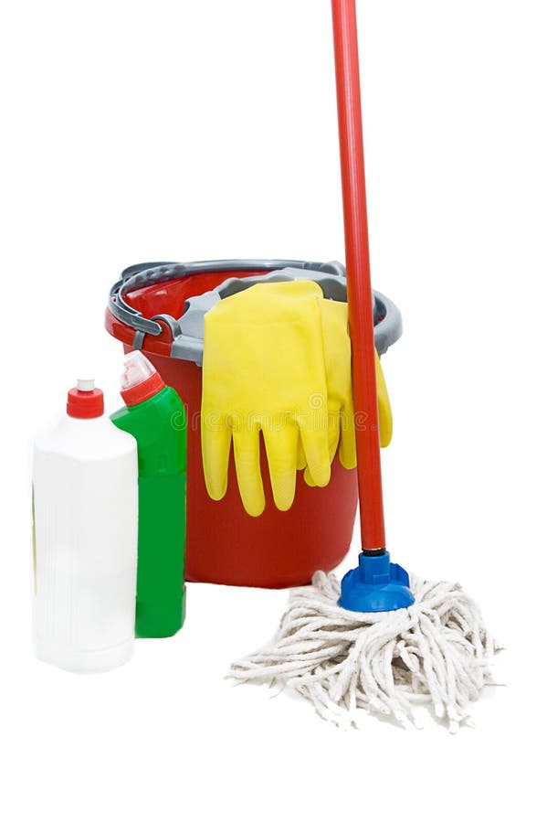 Cleaning tools with bucket, mops over white. Cleaning tools with bucket, mops over white