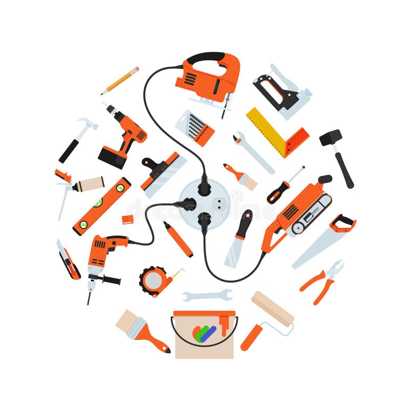 Outils de réparation de construction en composition en cercle illustration stock Outils de réparation de construction en composition en cercle illustration stock