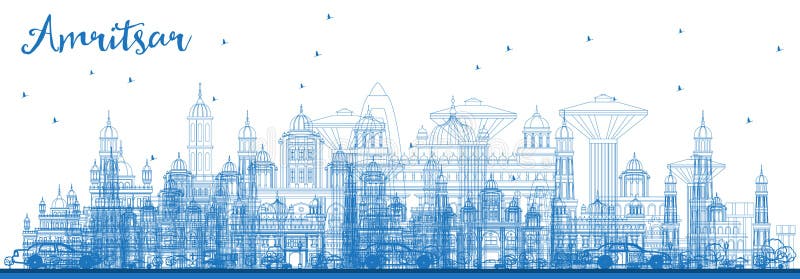 Outline Amritsar India City Skyline with Blue Buildings. Vector Illustration. Business Travel and Tourism Concept with Historic Architecture. Amritsar Cityscape with Landmarks.