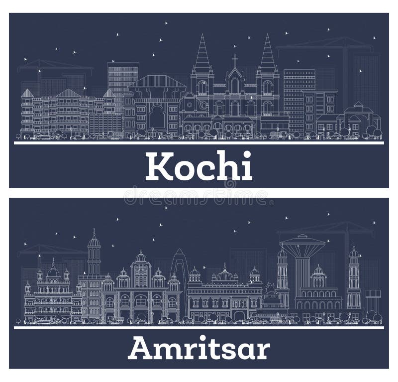 Outline Amritsar and Kochi India City Skyline Set with White Buildings