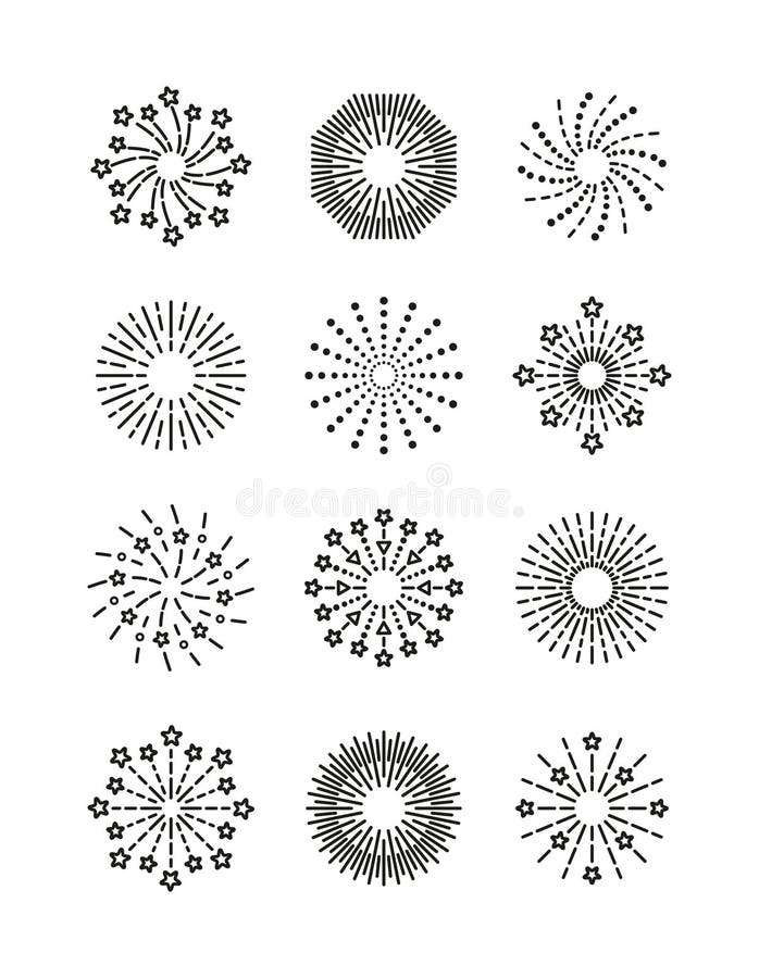 Outline birthday party elements. Line sparkle explosion set. Burst stars and sparks. Firework icon vector illustration