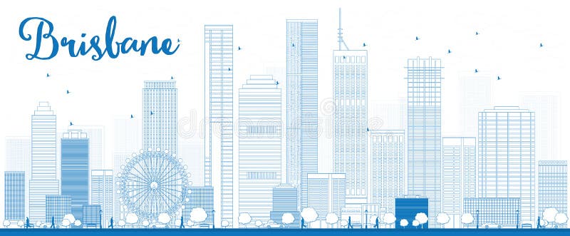 Outline Brisbane skyline with blue building stock illustration