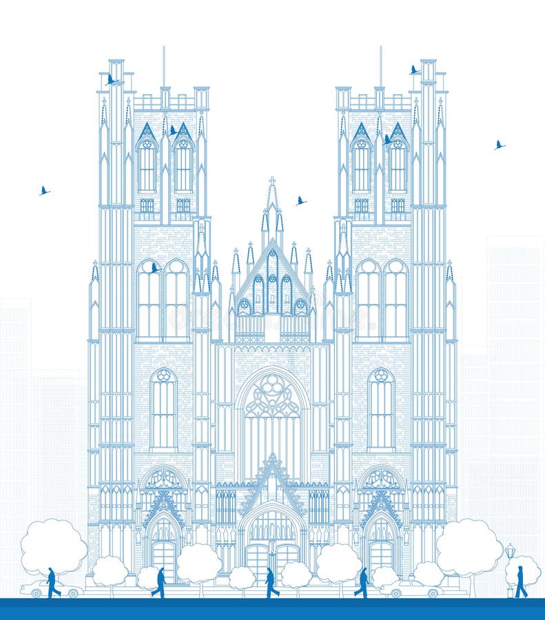 Outline building of the Cathedral of St Michael and St Gudula in royalty free illustration