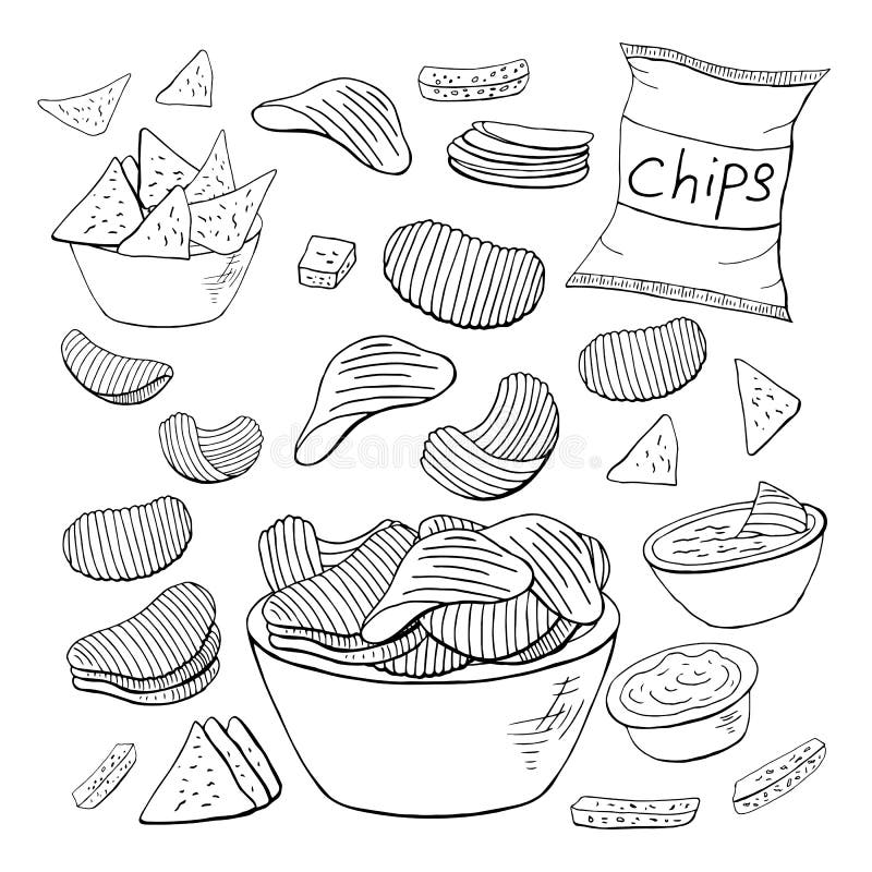 Outline Chips Collection on White Background. Vector Different Chips