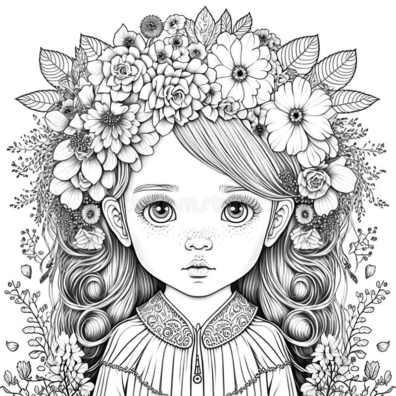 https://thumbs.dreamstime.com/b/outline-digital-drawing-cartoon-little-girl-flower-wreath-his-head-line-art-coloring-page-generative-ai-270664953.jpg