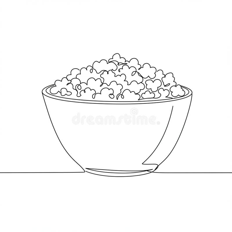 Outline Drawing of a Bowl Filled with Popcorn the Bowl is Simple and