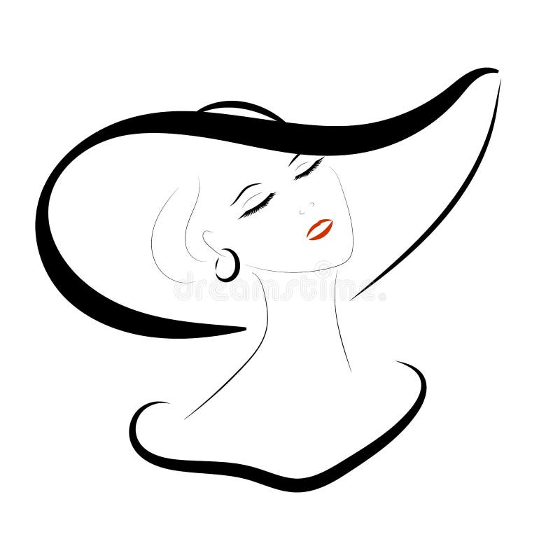Outline Drawing Face Lady with Red Lips in Hat on White Background