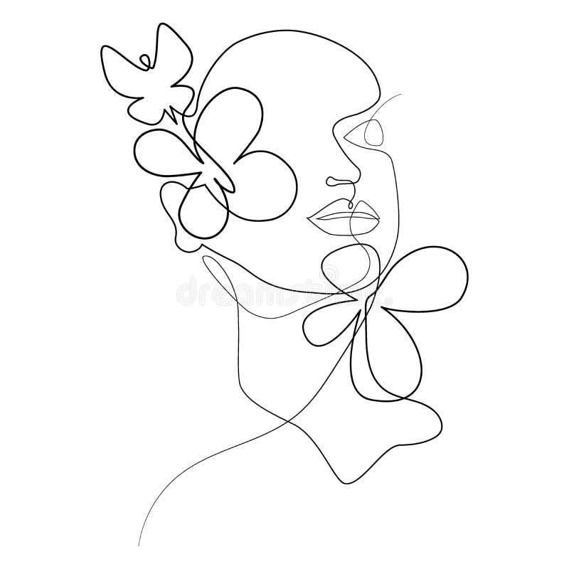 Outline Drawing of a Female Face with a Butterfly and Flowers Drawn ...