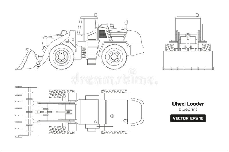 Outline drawing of wheel loader on white background. Top, side and front view. Diesel digger blueprint. Hydraulic machinery image. Industrial document of bulldozer. Vector isolated illustration