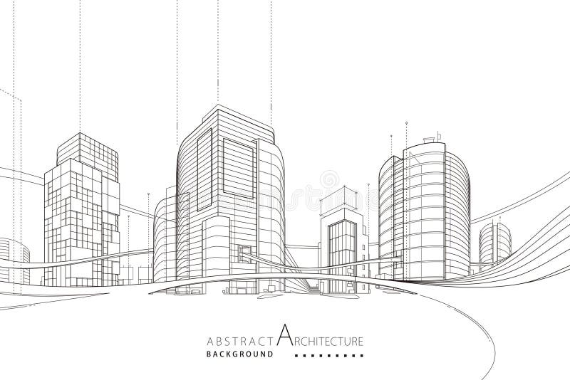 Outline drawings of abstract modern urban buildings and architecture.