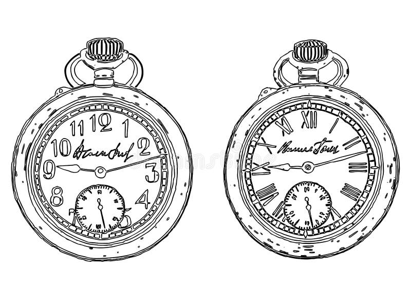 Outline drawings of old pocket watches vector illustration.