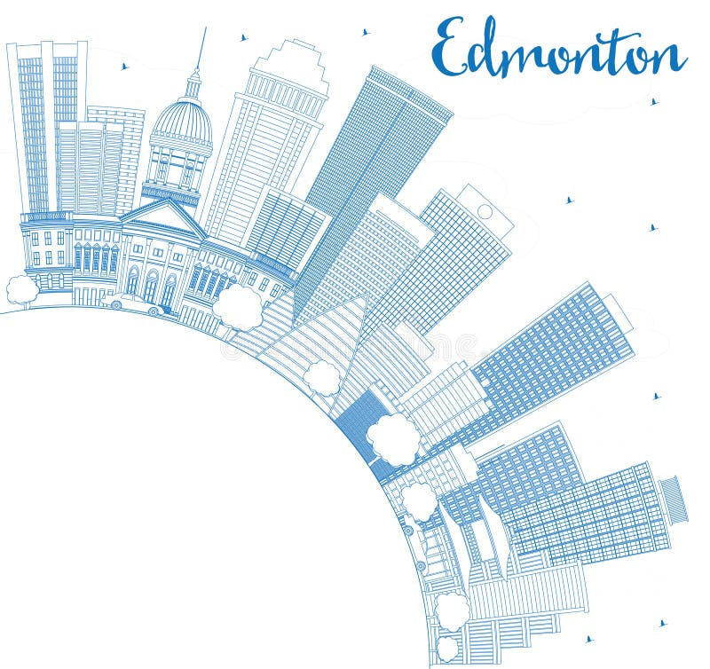 Outline Edmonton Skyline with Blue Buildings and Copy Space.